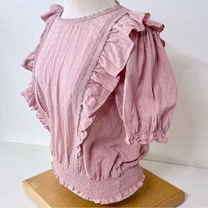 MINE Romantic Swiss Dot Ruffle/Lace Peplum Short Sleeve Blouse Soft Rose Medium